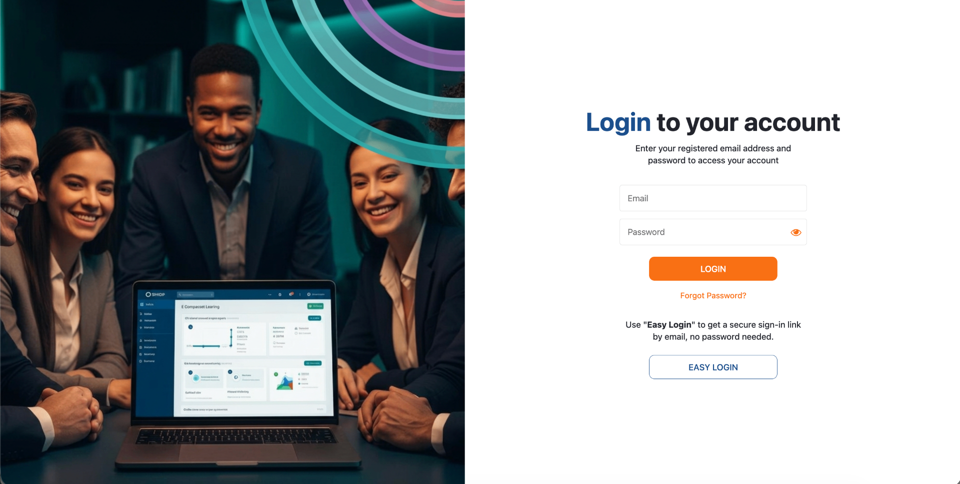 White-label branded login with teal concentric arcs