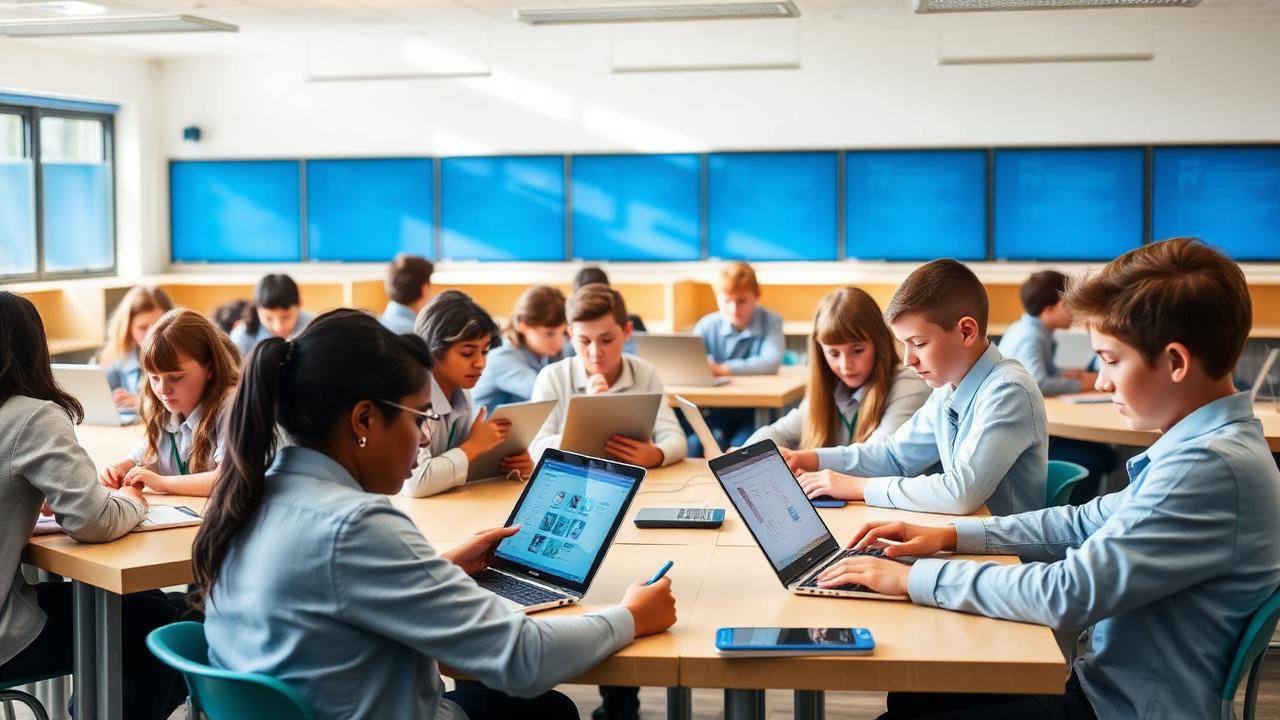 Students using a learning platform for multi-academy trusts in a modern academy classroom