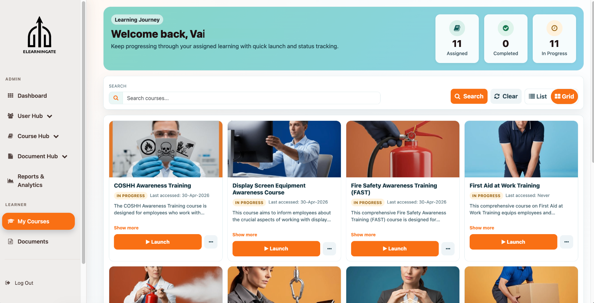 Learner experience screen 1