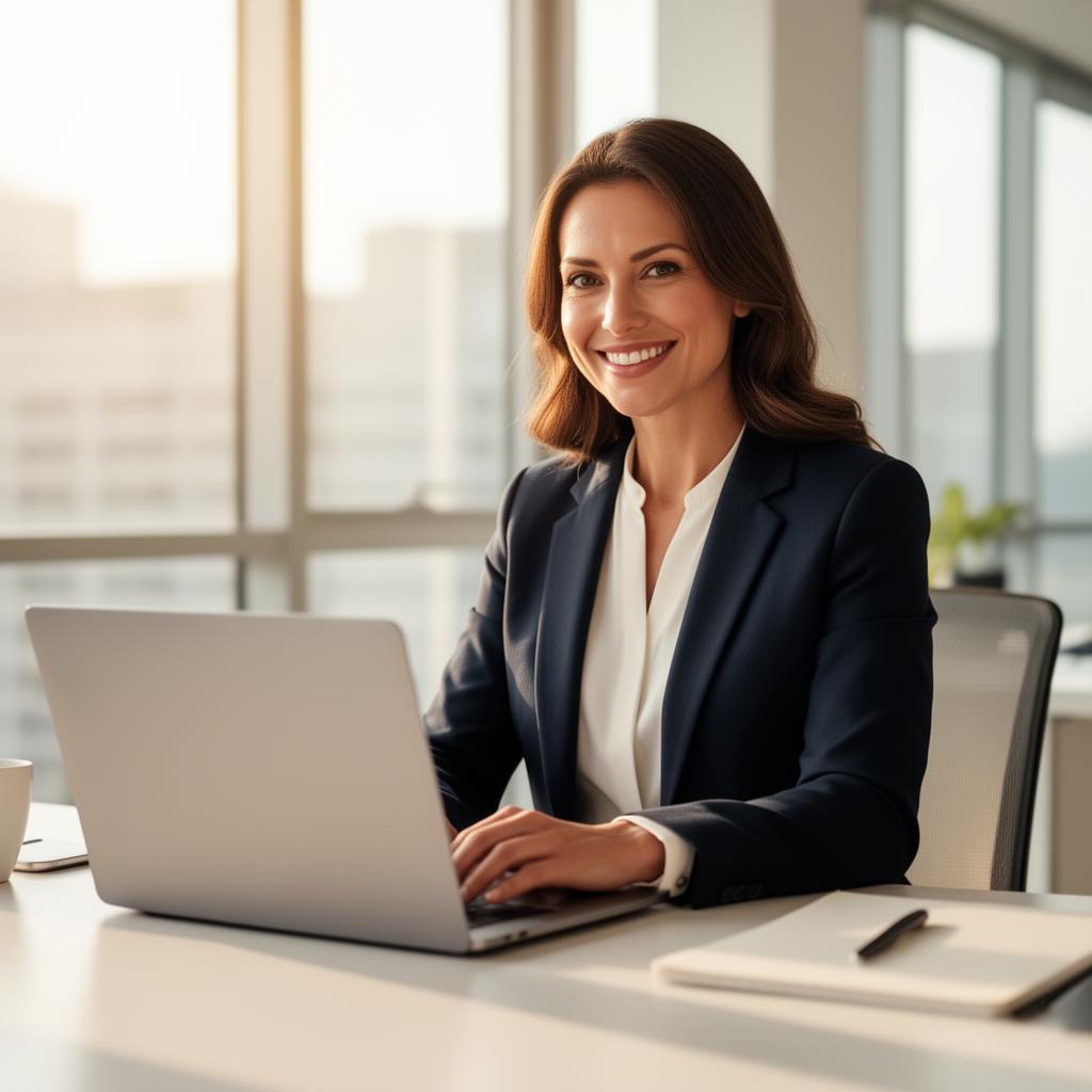 Professional businesswoman using laptop in modern office